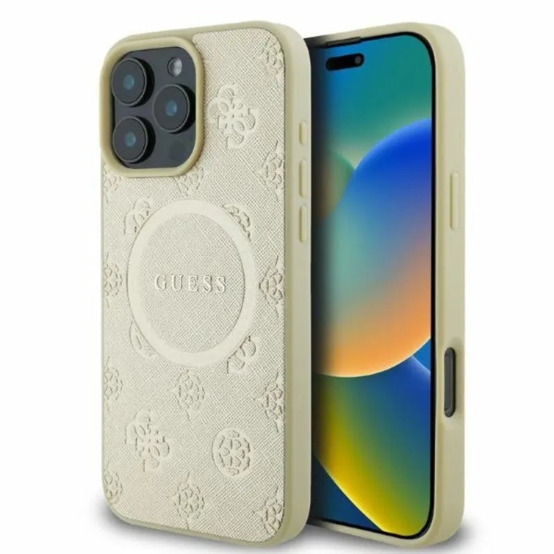 Guess Saffiano Peony Classic Logo MagSafe - "iPhone 16 Pro" dėklas (auksinis)