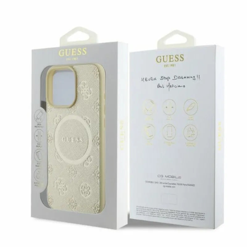 Guess Saffiano Peony Classic Logo MagSafe - "iPhone 16 Pro" dėklas (auksinis)