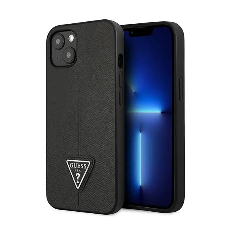 Guess Saffiano Triangle Logo dėklas - dėklas iPhone 14 Plus (juodas)