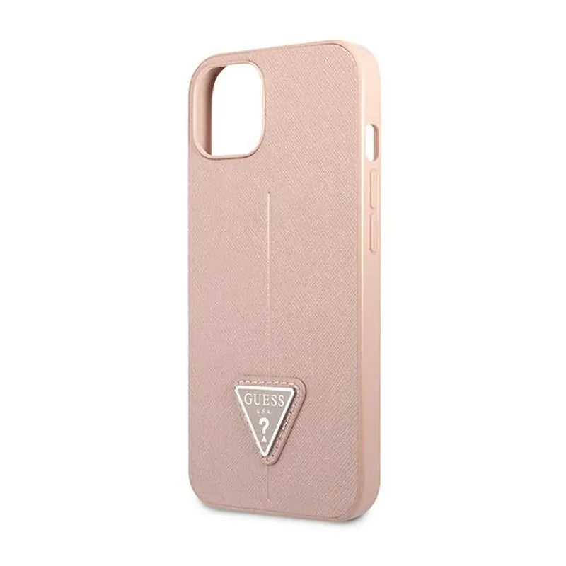 Guess Saffiano Triangle Logo dėklas - dėklas iPhone 14 Plus (rožinis)