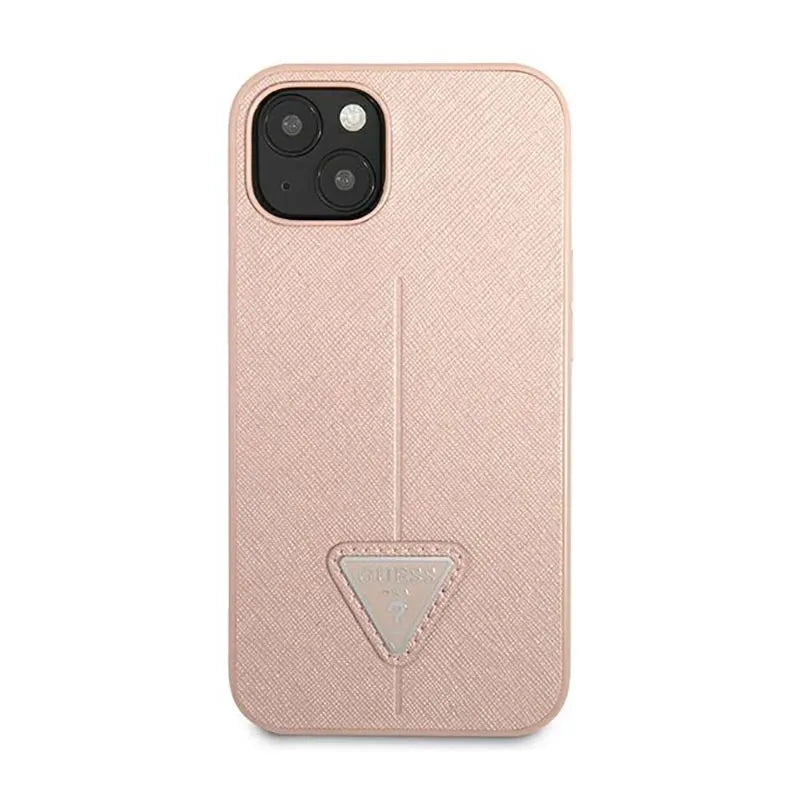 Guess Saffiano Triangle Logo dėklas - dėklas iPhone 14 Plus (rožinis)