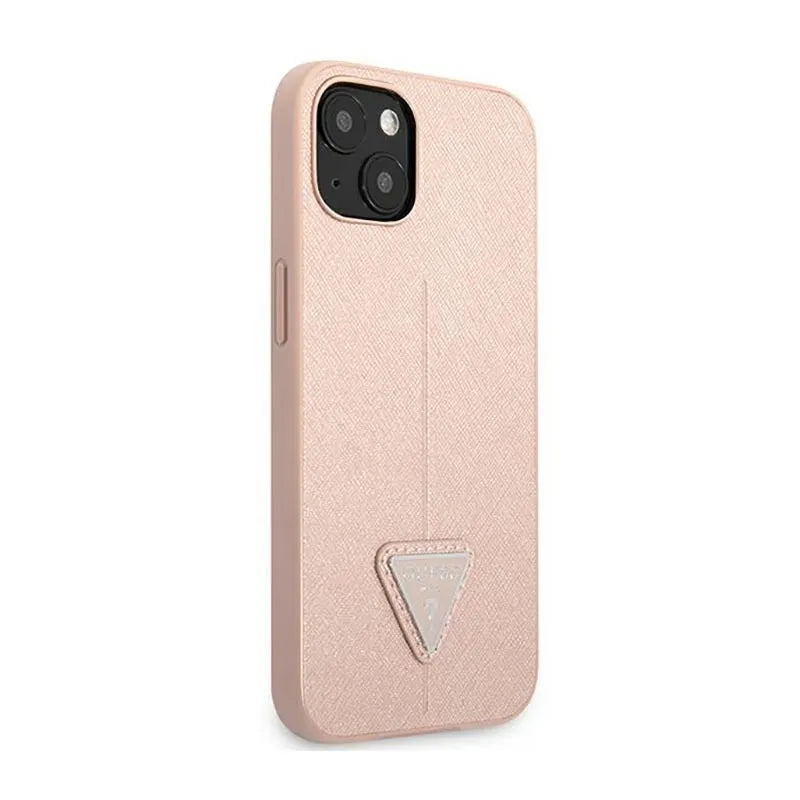 Guess Saffiano Triangle Logo dėklas - dėklas iPhone 14 Plus (rožinis)