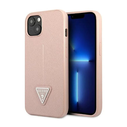 Guess Saffiano Triangle Logo dėklas - dėklas iPhone 14 Plus (rožinis)