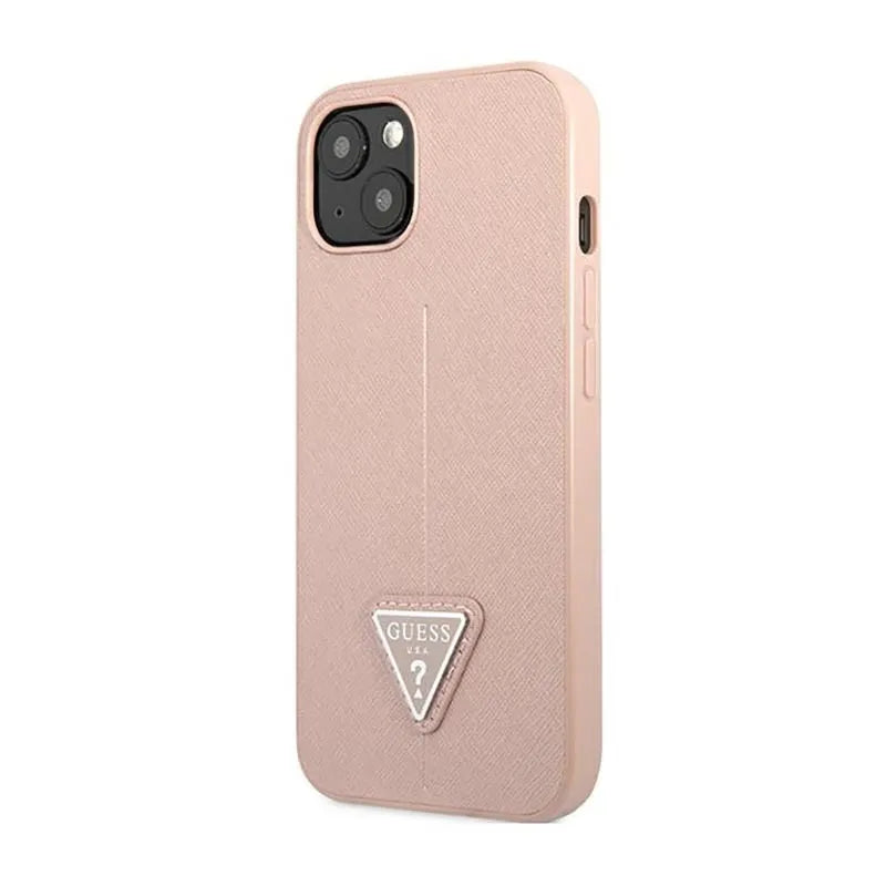 Guess Saffiano Triangle Logo dėklas - dėklas iPhone 14 Plus (rožinis)