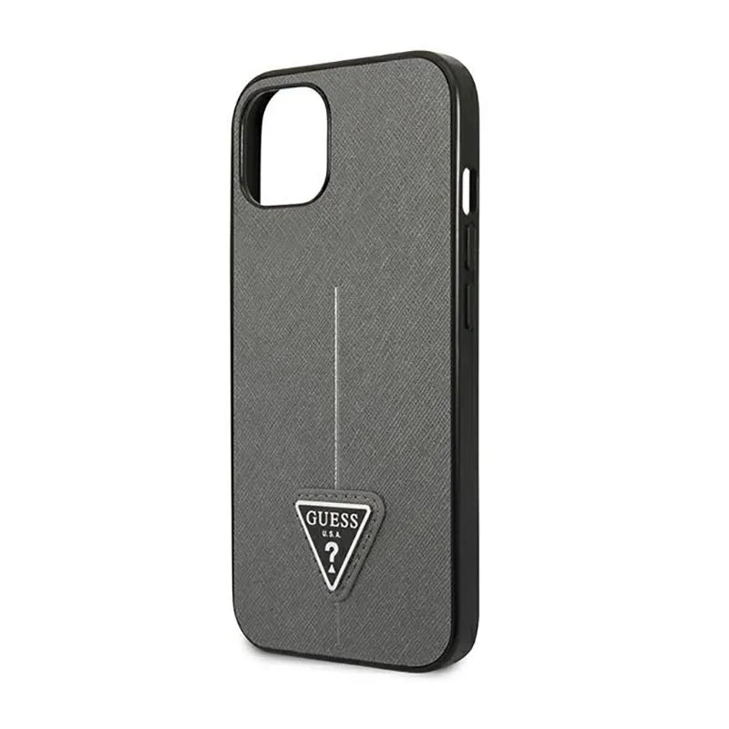 Guess Saffiano Triangle Logo dėklas – Dėklas iPhone 14 Plus (Sidabrinis)