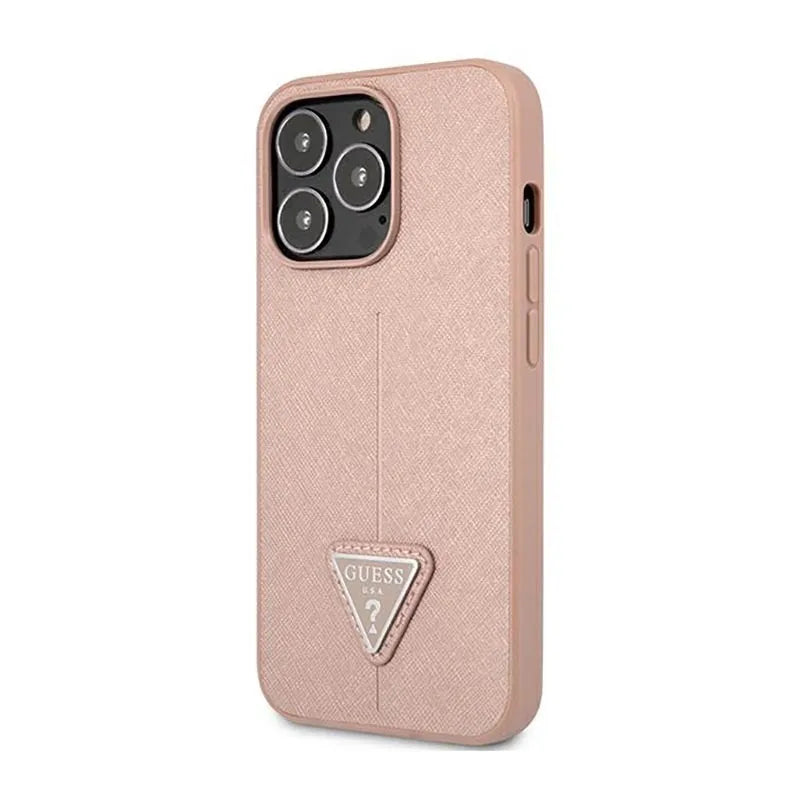 Guess Saffiano Triangle Logo dėklas – dėklas skirtas iPhone 14 Pro (rožinės spalvos)