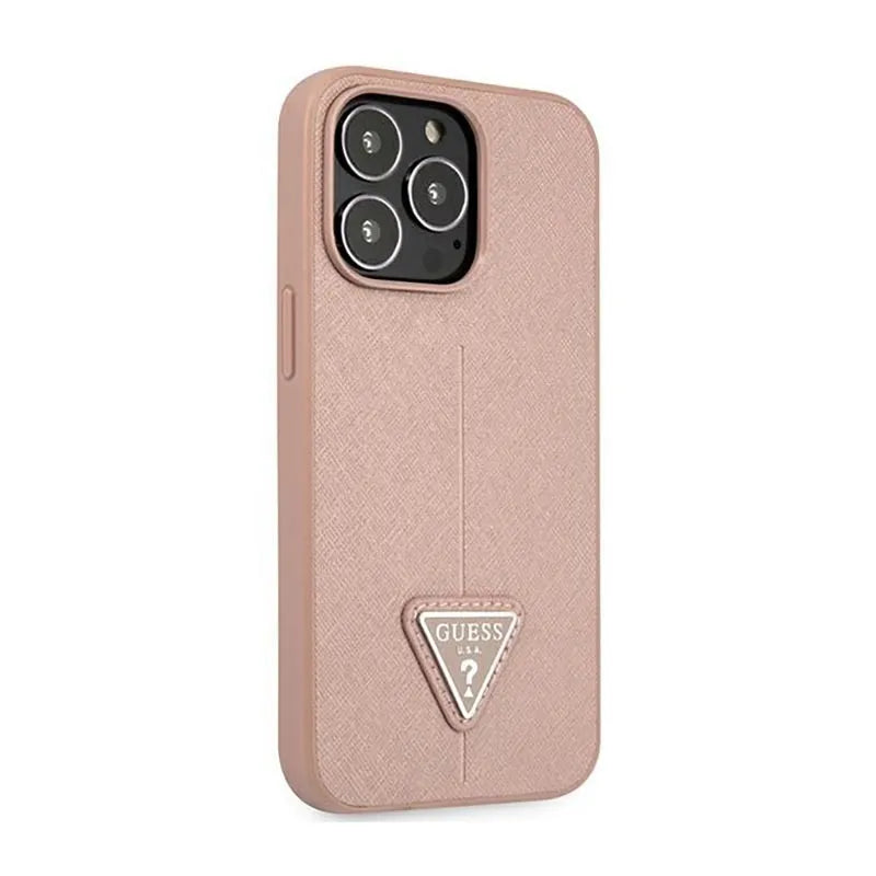 Guess Saffiano Triangle Logo dėklas – dėklas skirtas iPhone 14 Pro (rožinės spalvos)