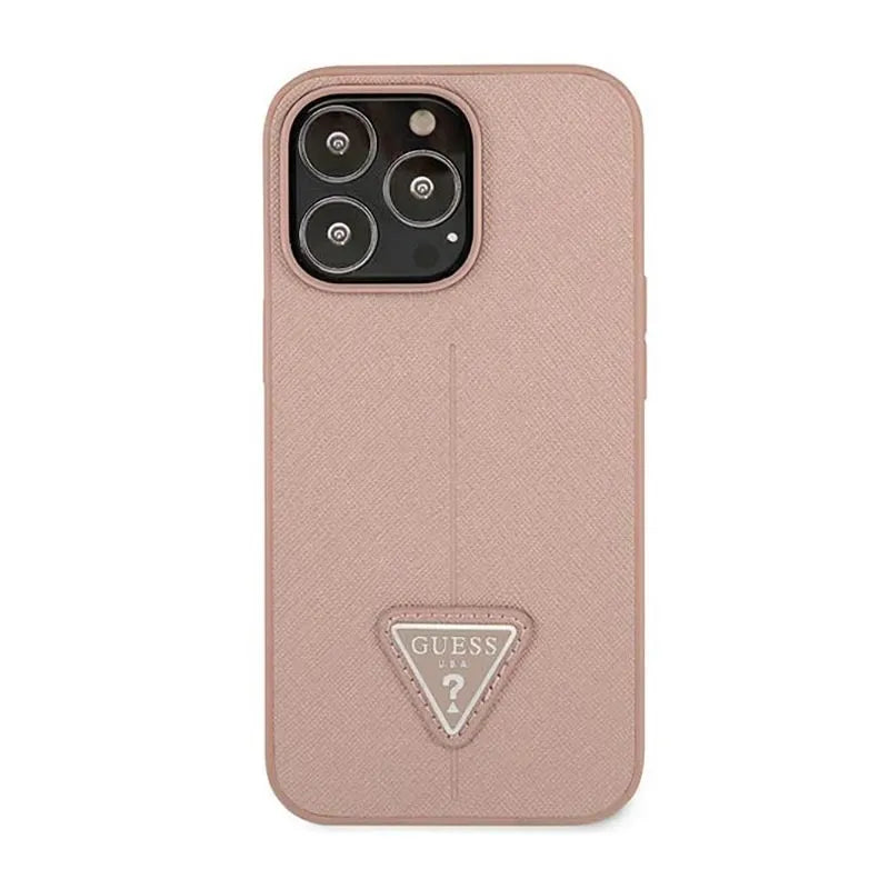 Guess Saffiano Triangle Logo dėklas – dėklas skirtas iPhone 14 Pro (rožinės spalvos)