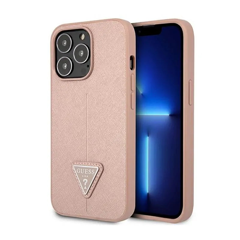 Guess Saffiano Triangle Logo dėklas – dėklas skirtas iPhone 14 Pro (rožinės spalvos)