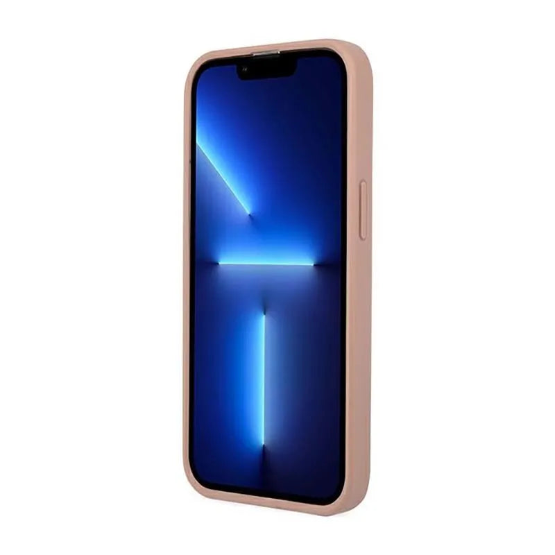 Guess Saffiano Triangle Logo dėklas – dėklas skirtas iPhone 14 Pro (rožinės spalvos)