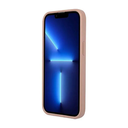 Guess Saffiano Triangle Logo dėklas – dėklas skirtas iPhone 14 Pro (rožinės spalvos)