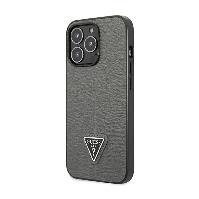Guess Saffiano Triangle Logo dėklas – dėklas, skirtas iPhone 14 Pro (sidabrinis)