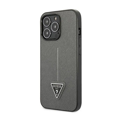 Guess Saffiano Triangle Logo dėklas – dėklas, skirtas iPhone 14 Pro (sidabrinis)