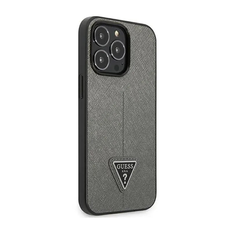 Guess Saffiano Triangle Logo dėklas – dėklas, skirtas iPhone 14 Pro (sidabrinis)