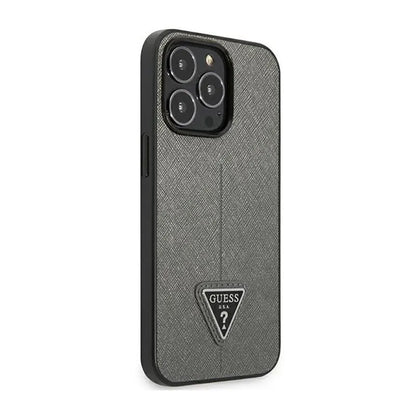 Guess Saffiano Triangle Logo dėklas – dėklas, skirtas iPhone 14 Pro (sidabrinis)