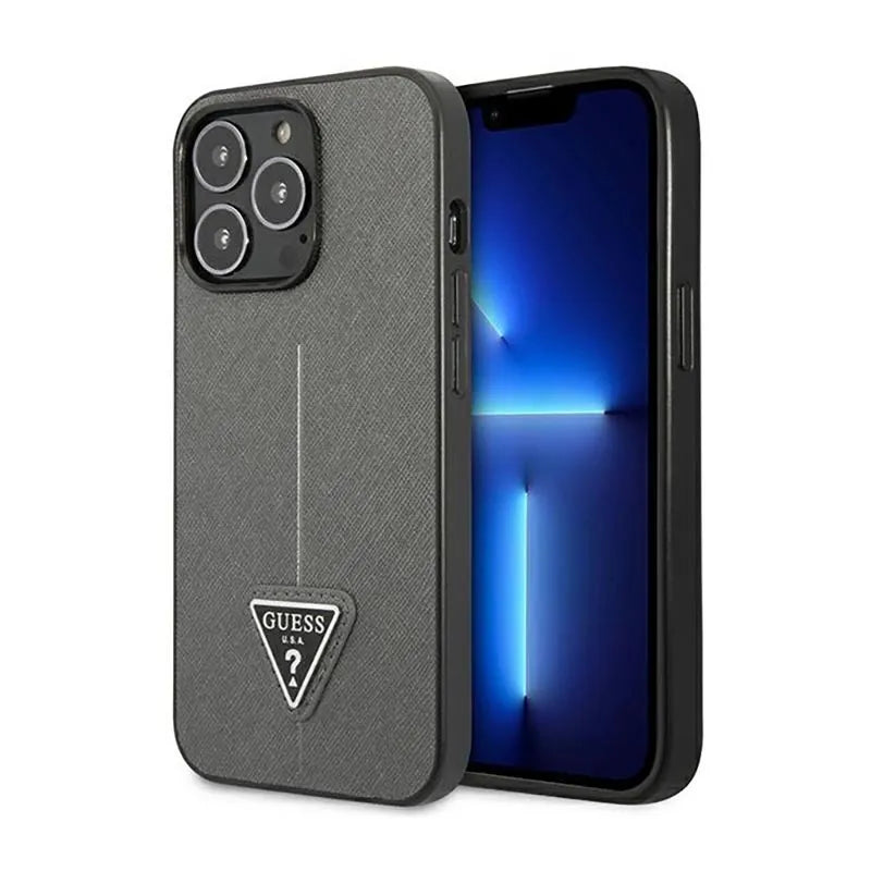 Guess Saffiano Triangle Logo dėklas – dėklas, skirtas iPhone 14 Pro (sidabrinis)