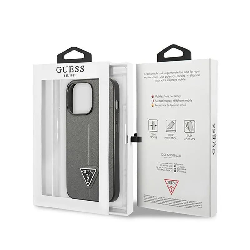 Guess Saffiano Triangle Logo dėklas – dėklas, skirtas iPhone 14 Pro (sidabrinis)