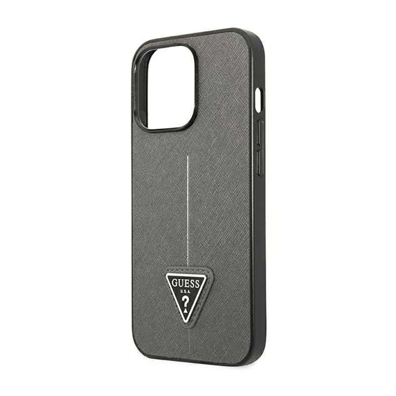 Guess Saffiano Triangle Logo dėklas – dėklas, skirtas iPhone 14 Pro (sidabrinis)
