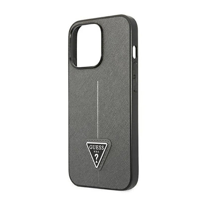 Guess Saffiano Triangle Logo dėklas – dėklas, skirtas iPhone 14 Pro (sidabrinis)