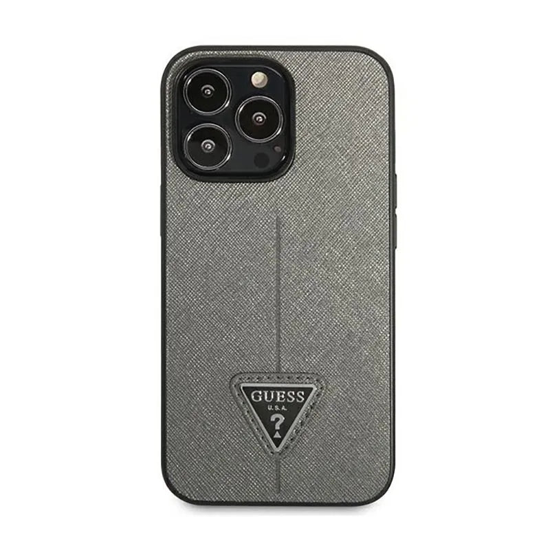 Guess Saffiano Triangle Logo dėklas – dėklas, skirtas iPhone 14 Pro (sidabrinis)