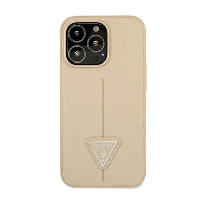 Guess Saffiano Triangle Logo dėklas - dėklas, skirtas iPhone 14 Pro (smėlio spalvos)
