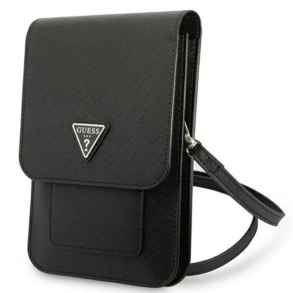Guess Saffiano „Triangle Logo“ telefono krepšys (juodas)