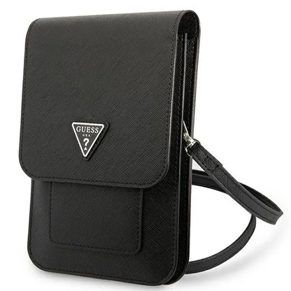 Guess Saffiano „Triangle Logo“ telefono krepšys (juodas)