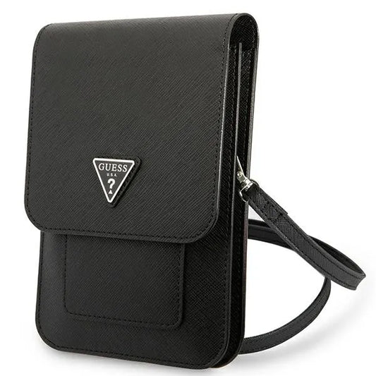 Guess Saffiano „Triangle Logo“ telefono krepšys (juodas)