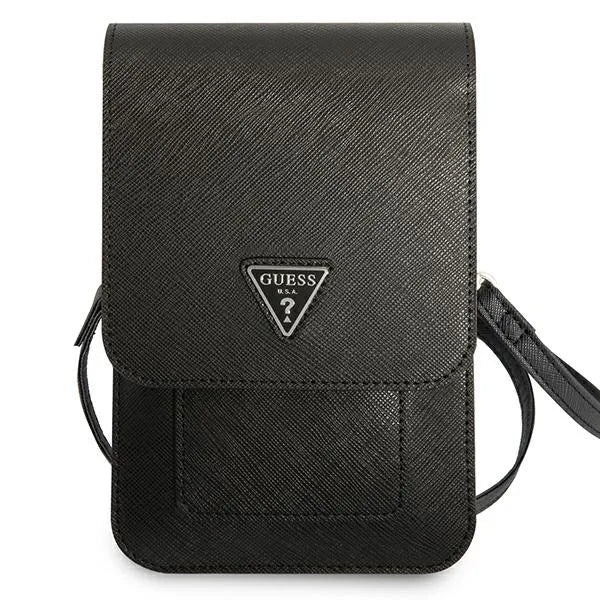 Guess Saffiano „Triangle Logo“ telefono krepšys (juodas)