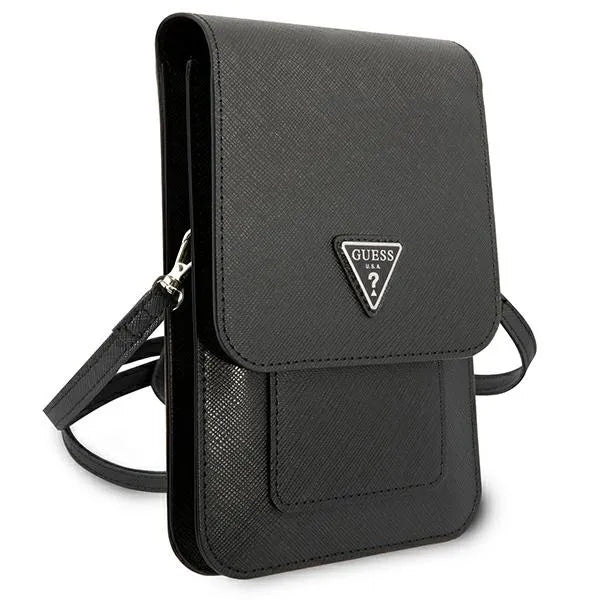 Guess Saffiano „Triangle Logo“ telefono krepšys (juodas)