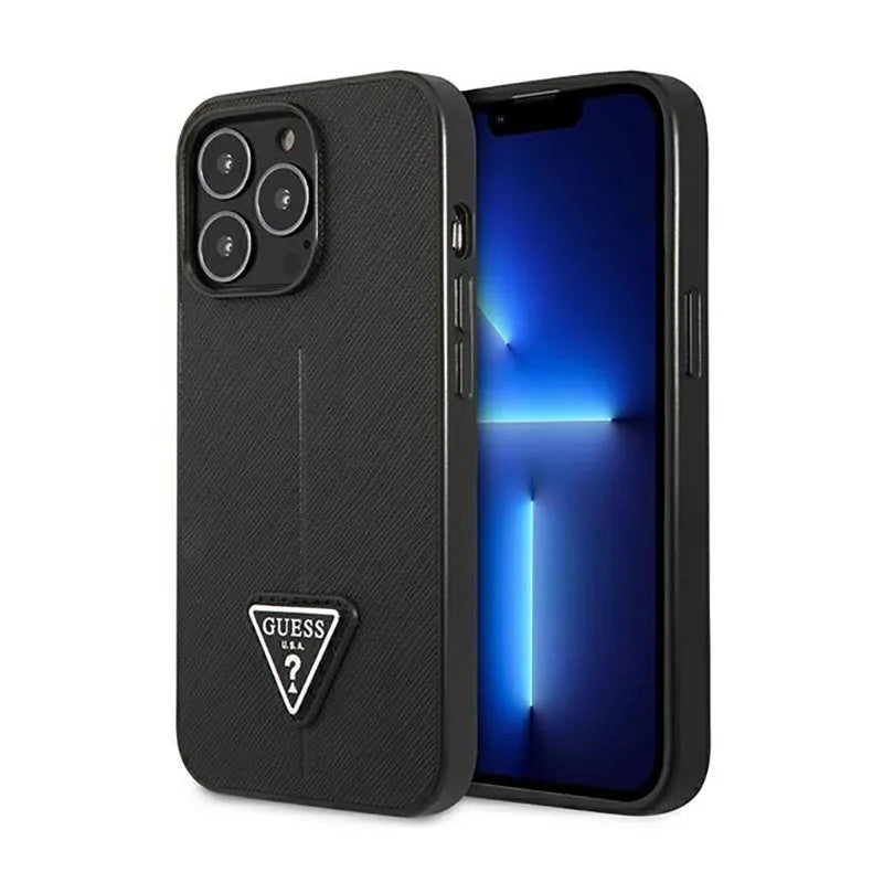 Guess Saffiano trikampio logotipo dėklas – dėklas, skirtas „iPhone 14 Pro“ (juodas)