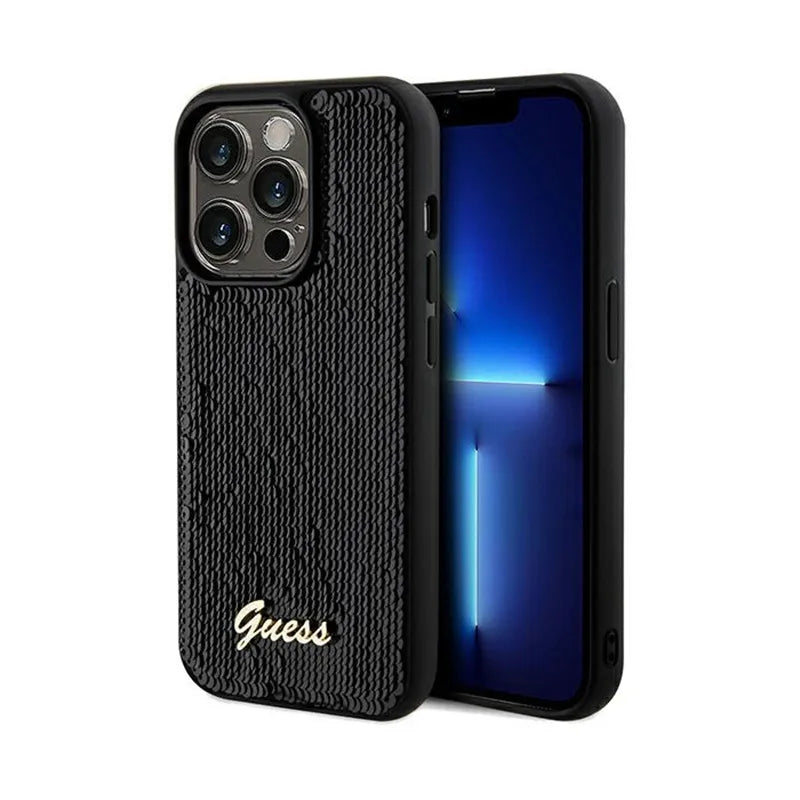 Guess Sequin Script Metal - Dėklas iPhone 14 Pro (juodas)