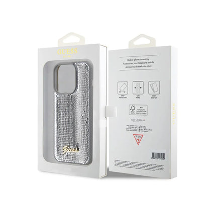 Guess Sequin Script Metal – dėklas iPhone 15 Pro (sidabras)