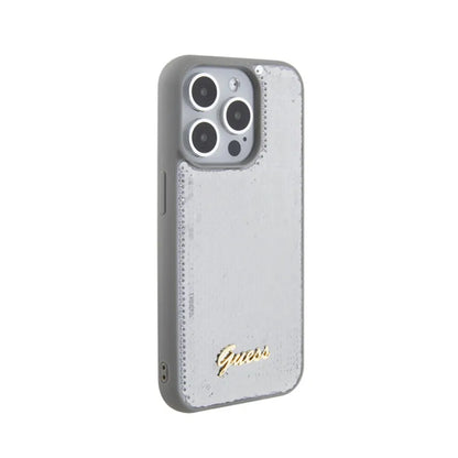 Guess Sequin Script Metal – dėklas iPhone 15 Pro (sidabras)