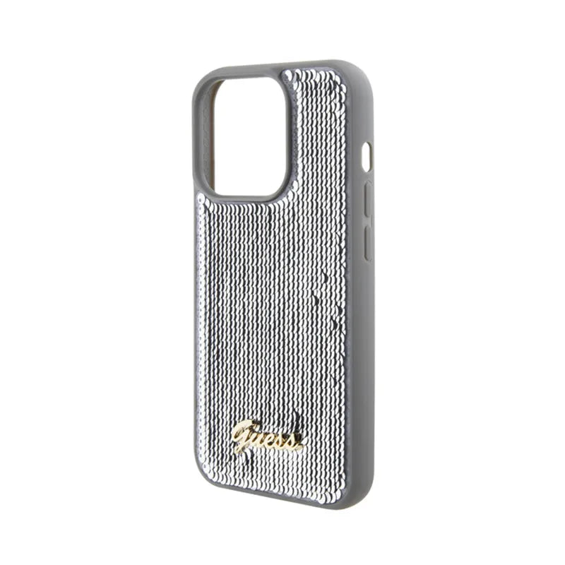 Guess Sequin Script Metal – dėklas iPhone 15 Pro (sidabras)