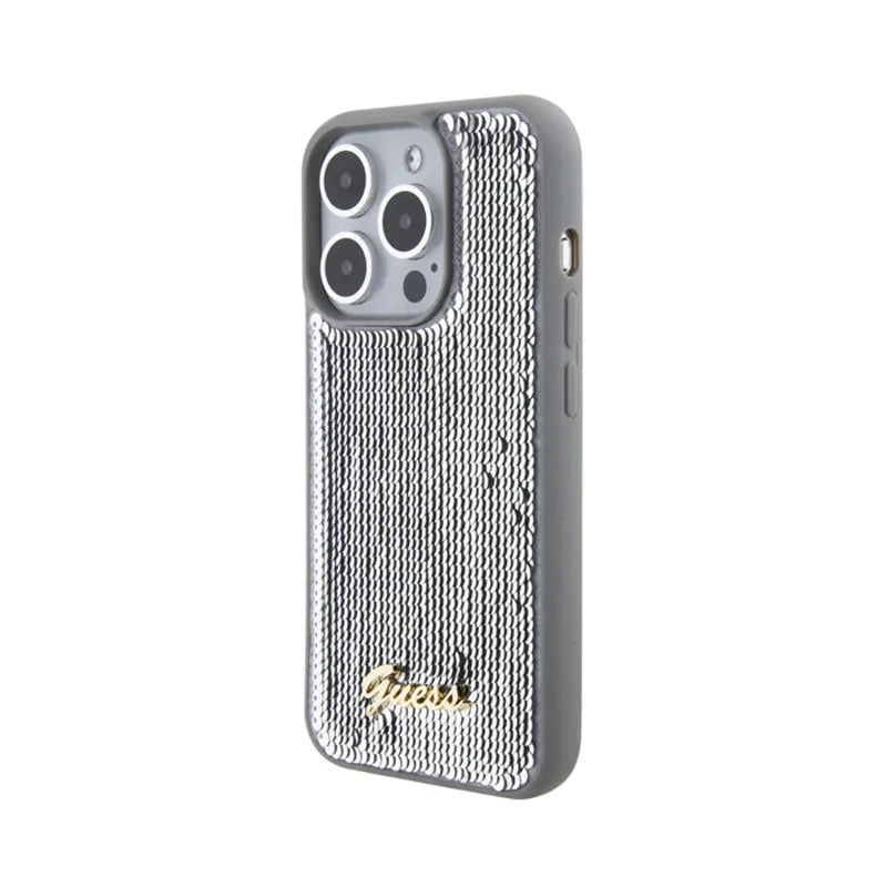 Guess Sequin Script Metal – dėklas iPhone 15 Pro (sidabras)