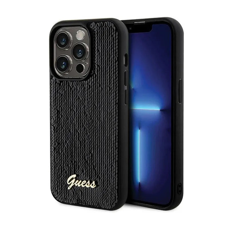 Guess Sequin Script Metal - dėklas, skirtas „iPhone 13 Pro“ (juodas)