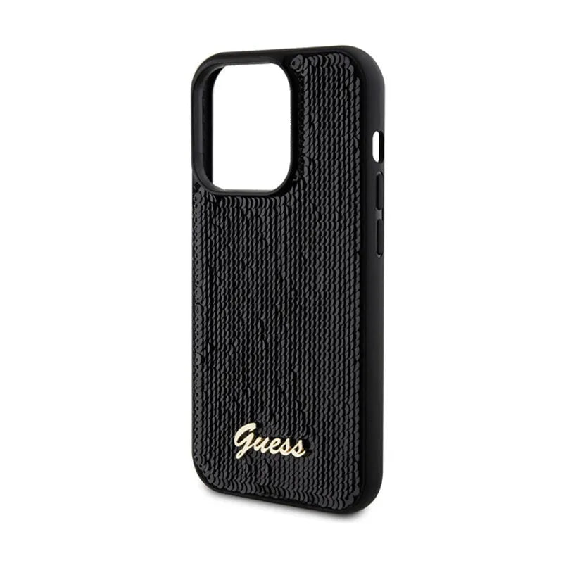 Guess Sequin Script Metal - dėklas, skirtas „iPhone 13 Pro“ (juodas)