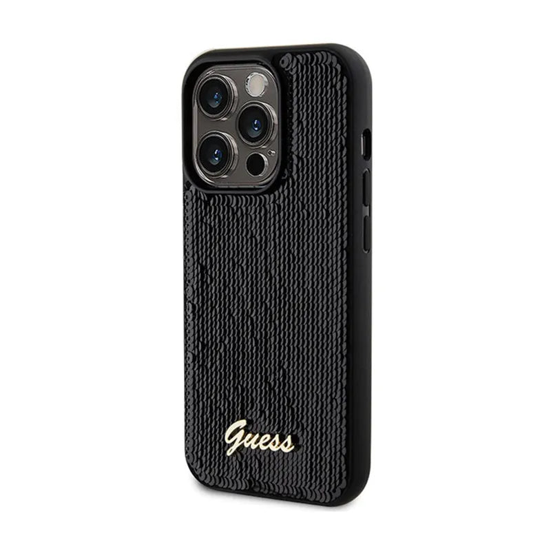 Guess Sequin Script Metal - dėklas, skirtas „iPhone 13 Pro“ (juodas)