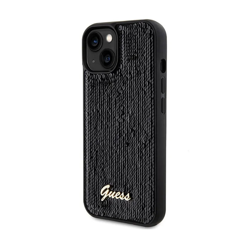 Guess Sequin Script Metal – dėklas, skirtas iPhone 14 (juodas)