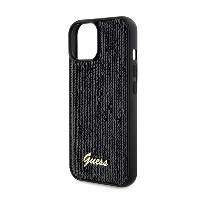 Guess Sequin Script Metal – dėklas, skirtas iPhone 14 (juodas)