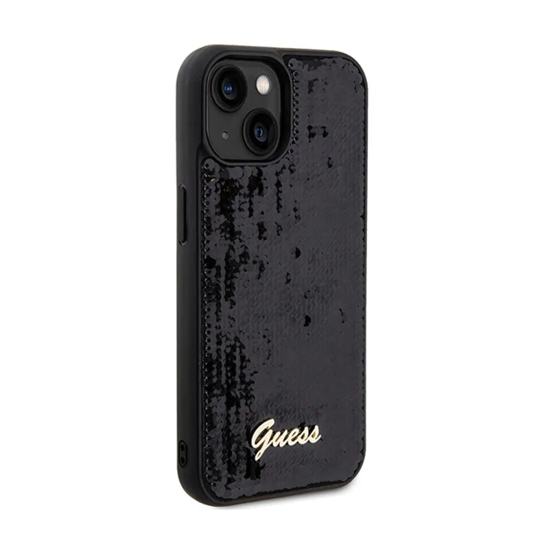Guess Sequin Script Metal – dėklas, skirtas iPhone 14 (juodas)