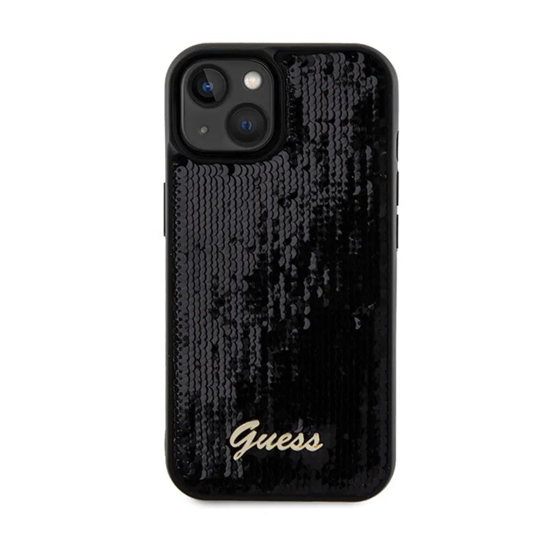 Guess Sequin Script Metal – dėklas, skirtas iPhone 14 (juodas)