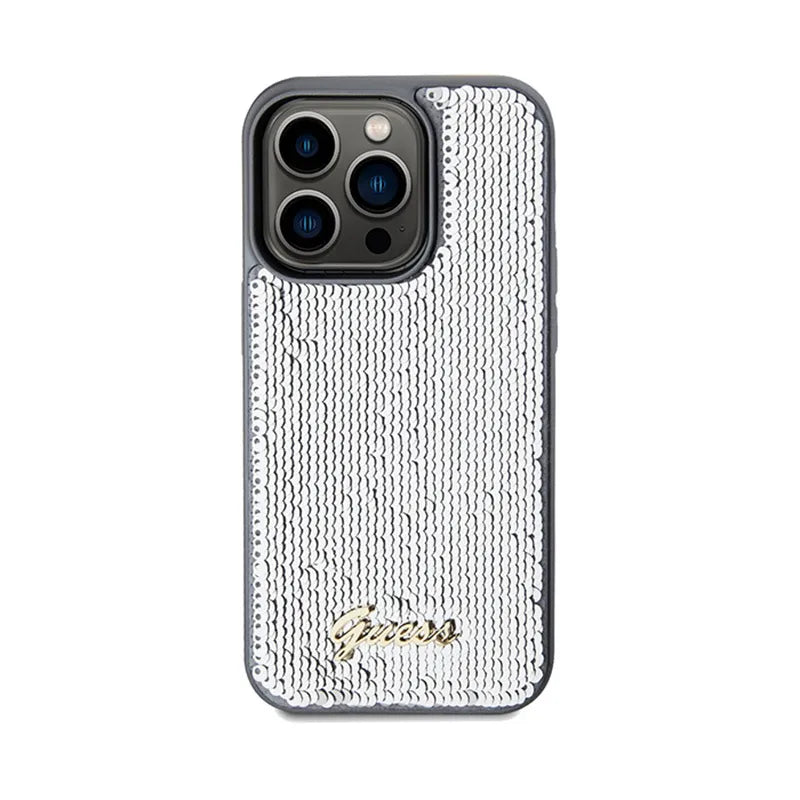 Guess Sequin Script Metal – dėklas, skirtas iPhone 14 Pro (sidabrinis)