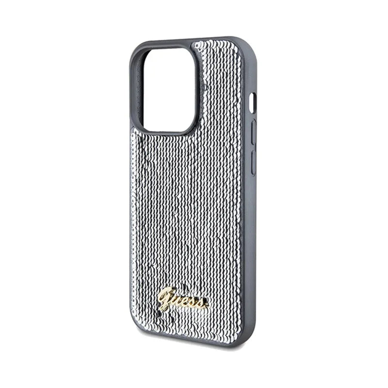 Guess Sequin Script Metal – dėklas, skirtas iPhone 14 Pro (sidabrinis)