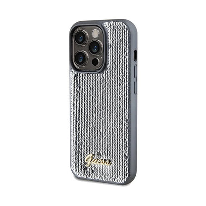 Guess Sequin Script Metal – dėklas, skirtas iPhone 14 Pro (sidabrinis)