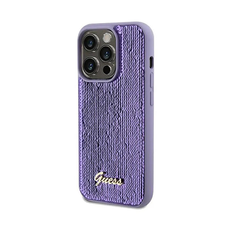Guess Sequin Script Metal – dėklas, skirtas iPhone 14 Pro (violetinis)