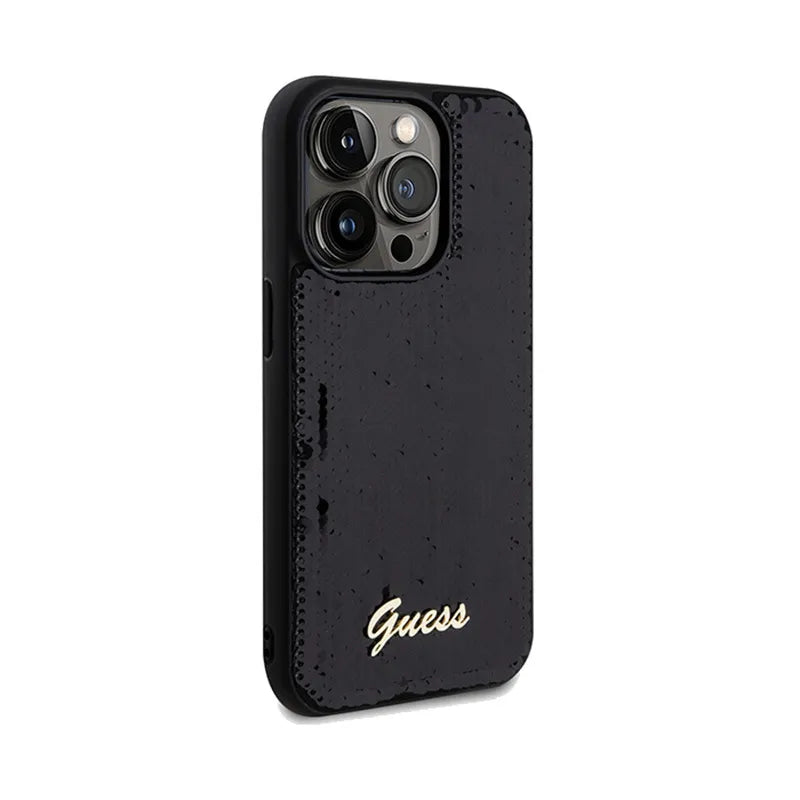 Guess Sequin Script Metal - „iPhone 14 Pro Max“ dėklas (juodas)