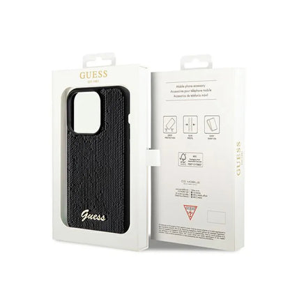 Guess Sequin Script Metal - „iPhone 14 Pro Max“ dėklas (juodas)