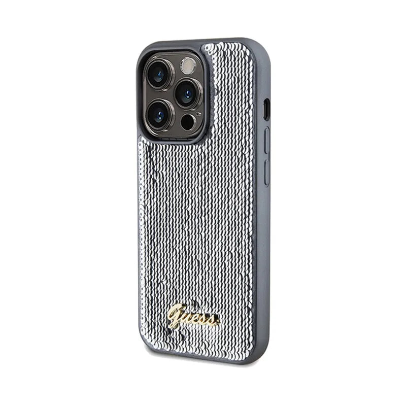 Guess Sequin Script Metal - iPhone 14 Pro Max dėklas (sidabrinis)
